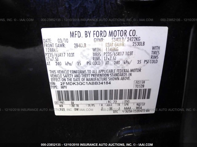 2FMDK3GC1ABB34184 - 2010 FORD EDGE SE BLUE photo 9