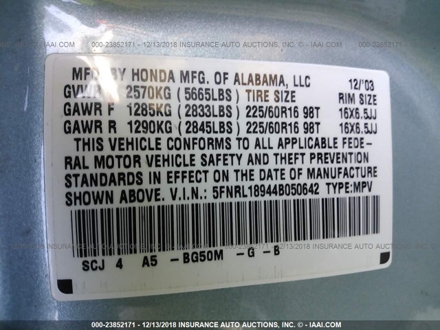 5FNRL18944B050642 - 2004 HONDA ODYSSEY EXL SILVER photo 9