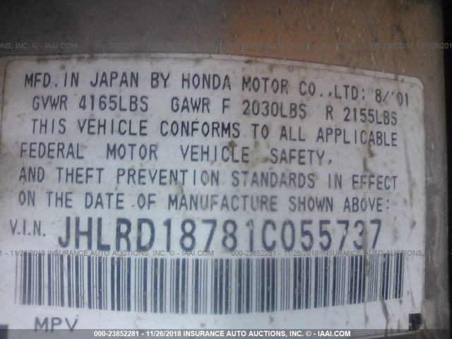 JHLRD18781C055737 - 2001 HONDA CR-V SE/LE GOLD photo 9