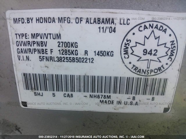 5FNRL38255B502212 - 2005 HONDA ODYSSEY LX SILVER photo 9