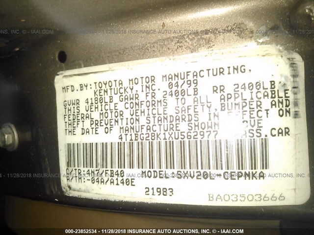 4T1BG28K1XU562977 - 1999 TOYOTA CAMRY CE/LE/XLE TAN photo 9