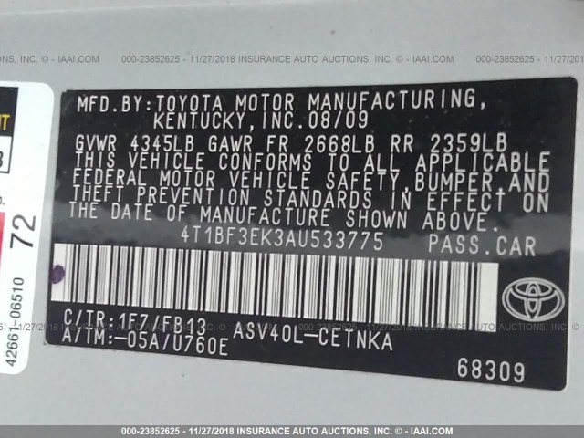 4T1BF3EK3AU533775 - 2010 TOYOTA CAMRY SE/LE/XLE 银色 照片 9