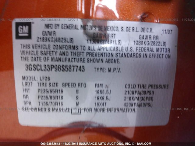 3GSCL33P98S587743 - 2008 SATURN VUE XE ORANGE photo 9