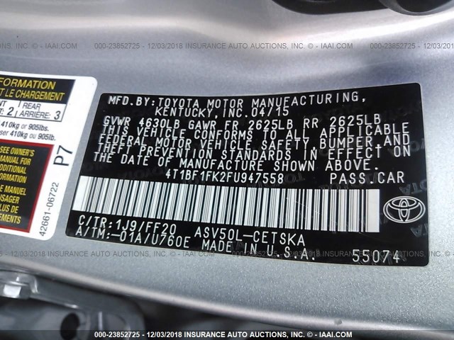 4T1BF1FK2FU947558 - 2015 TOYOTA CAMRY LE/XLE/SE/XSE SILVER photo 9