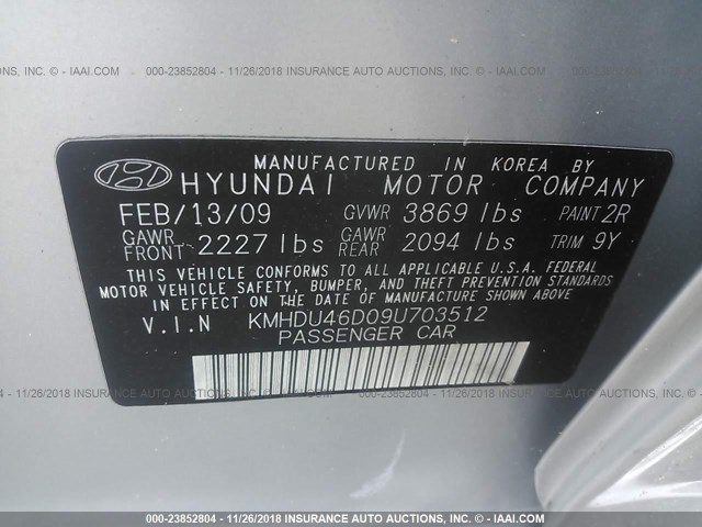 KMHDU46D09U703512 - 2009 HYUNDAI ELANTRA GLS/SE SILVER photo 9