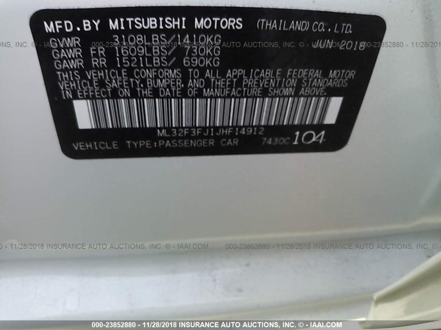 ML32F3FJ1JHF14912 - 2018 MITSUBISHI MIRAGE G4 ES WHITE photo 9