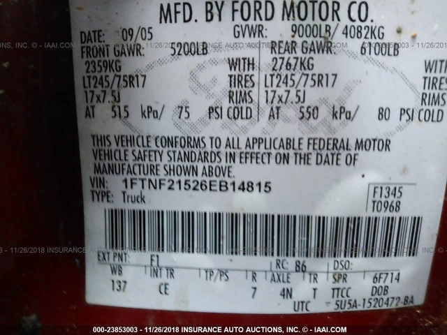 1FTNF21526EB14815 - 2006 FORD F250 SUPER DUTY RED photo 9