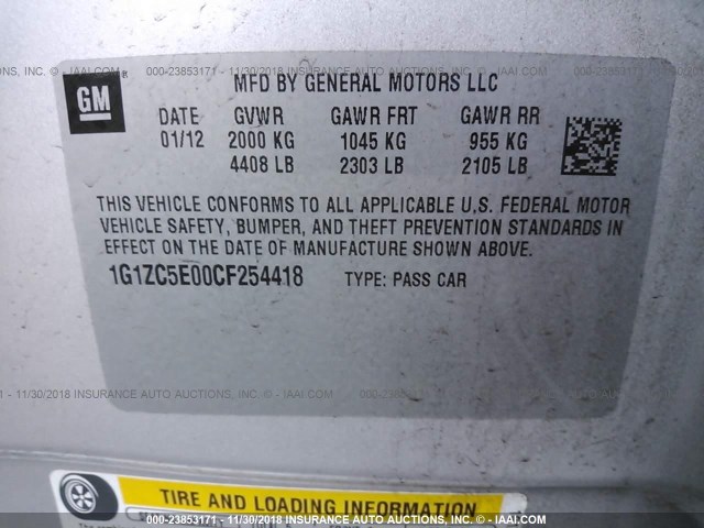 1G1ZC5E00CF254418 - 2012 CHEVROLET MALIBU 1LT SILVER photo 9