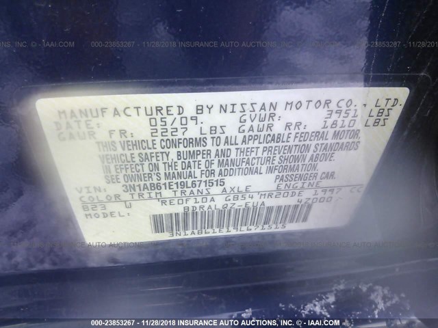 3N1AB61E19L671515 - 2009 NISSAN SENTRA 2.0/2.0S/2.0SL BLUE photo 9