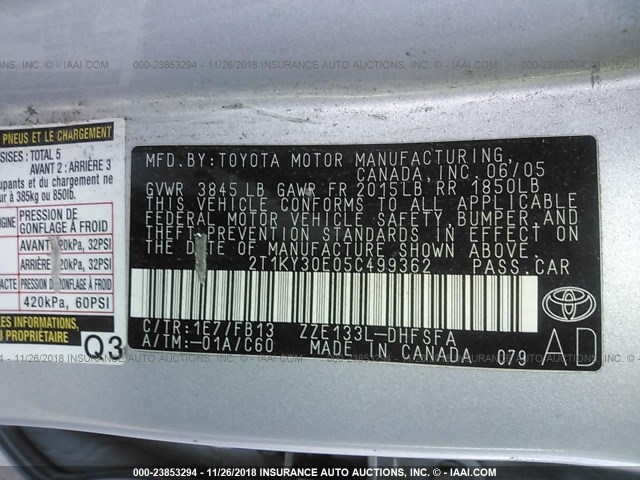 2T1KY30E05C499362 - 2005 TOYOTA COROLLA MATRIX XRS SILVER photo 9