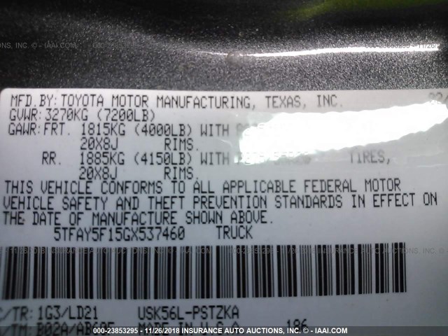 5TFAY5F15GX537460 - 2016 TOYOTA TUNDRA CREWMAX 1794/PLATINUM 灰色 照片 9