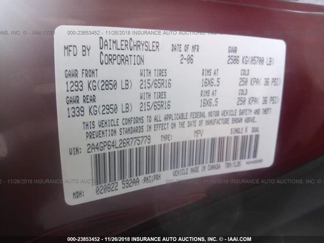 2A4GP64L26R775779 - 2006 CHRYSLER TOWN & COUNTRY LIMITED MAROON photo 9