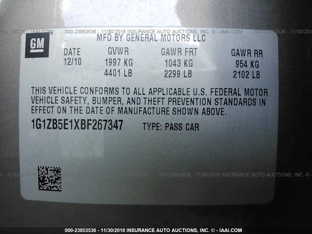 1G1ZB5E1XBF267347 - 2011 CHEVROLET MALIBU LS 金色 照片 9