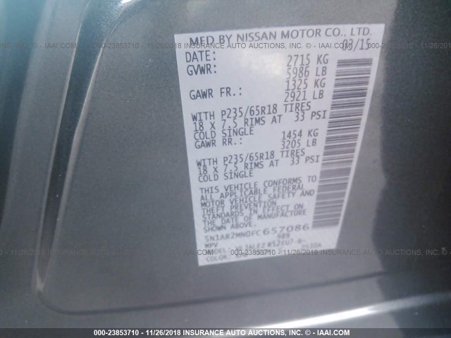 5N1AR2MN0FC657086 - 2015 NISSAN PATHFINDER S/SV/SL/PLATINUM GRAY photo 9