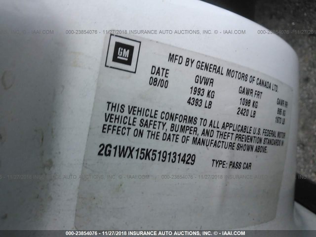 2G1WX15K519131429 - 2001 CHEVROLET MONTE CARLO SS თეთრი ფოტო 9