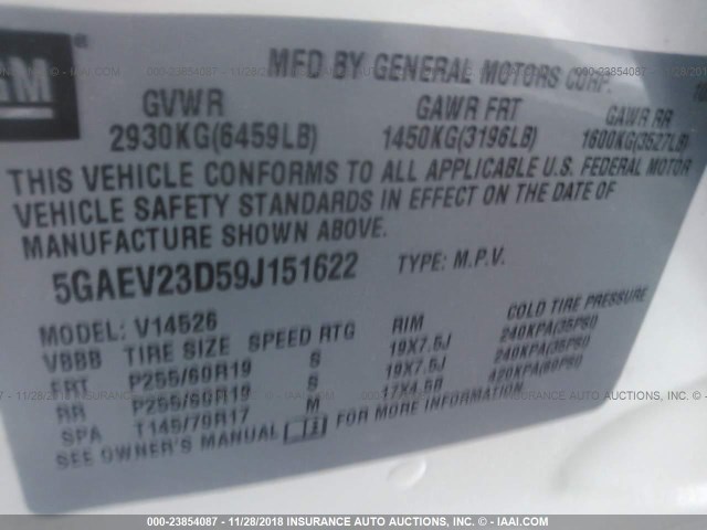 5GAEV23D59J151622 - 2009 BUICK ENCLAVE CXL WHITE photo 9