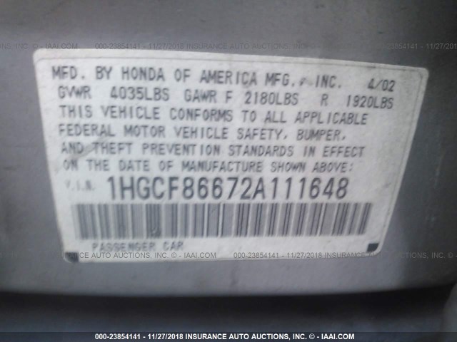 1HGCF86672A111648 - 2002 HONDA ACCORD VALUE SILVER photo 9