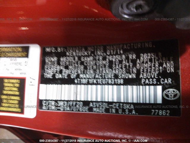 4T1BF1FK1EU783198 - 2014 TOYOTA CAMRY L/SE/LE/XLE 红色 照片 9