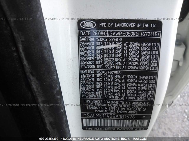 SALME11425A181526 - 2005 LAND ROVER RANGE ROVER HSE WHITE photo 9