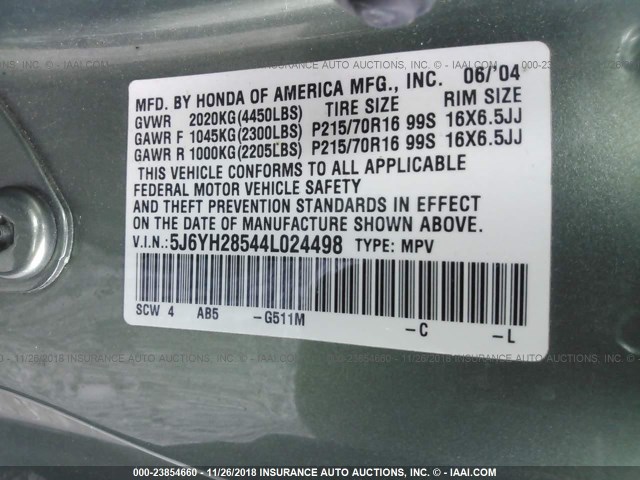 5J6YH28544L024498 - 2004 HONDA ELEMENT EX GREEN photo 9