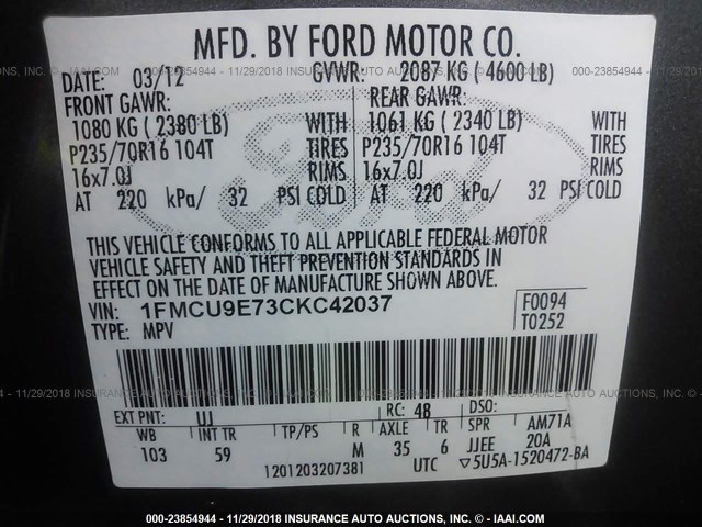 1FMCU9E73CKC42037 - 2012 FORD ESCAPE LIMITED GRAY photo 9