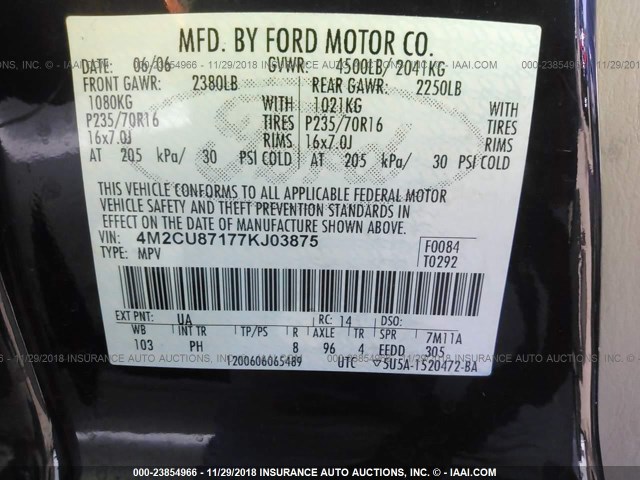 4M2CU87177KJ03875 - 2007 MERCURY MARINER PREMIER BLACK photo 9