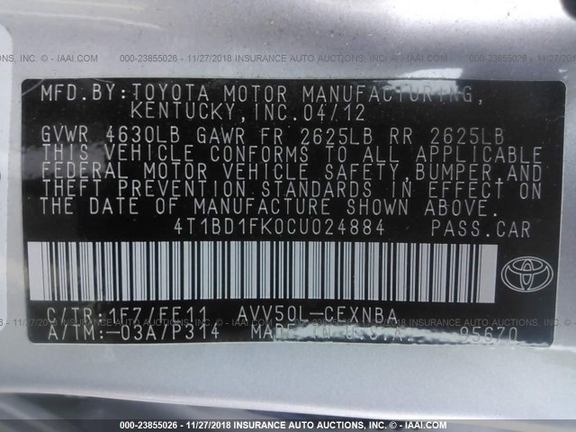 4T1BD1FK0CU024884 - 2012 TOYOTA CAMRY HYBRID/LE/XLE SILVER photo 9