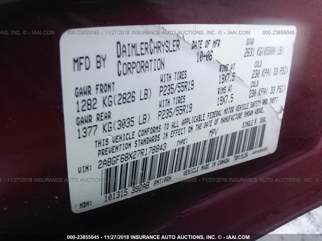 2A8GF68X27R178843 - 2007 CHRYSLER PACIFICA TOURING RED photo 9