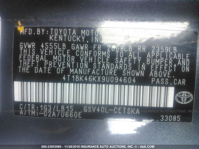 4T1BK46KX9U094604 - 2009 TOYOTA CAMRY SE/LE/XLE GRAY photo 9