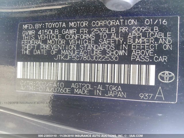 JTKJF5C78GJ022530 - 2016 TOYOTA SCION TC 黑色 照片 9