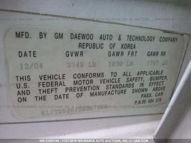 KL1TD52615B367606 - 2005 CHEVROLET AVEO LS WHITE photo 9