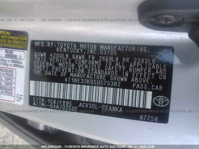 4T1BE32K05U575382 - 2005 TOYOTA CAMRY LE/XLE/SE SILVER photo 9