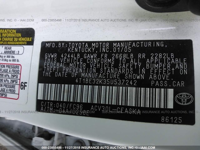 4T1BE32K35U537242 - 2005 TOYOTA CAMRY LE/XLE/SE WHITE photo 9