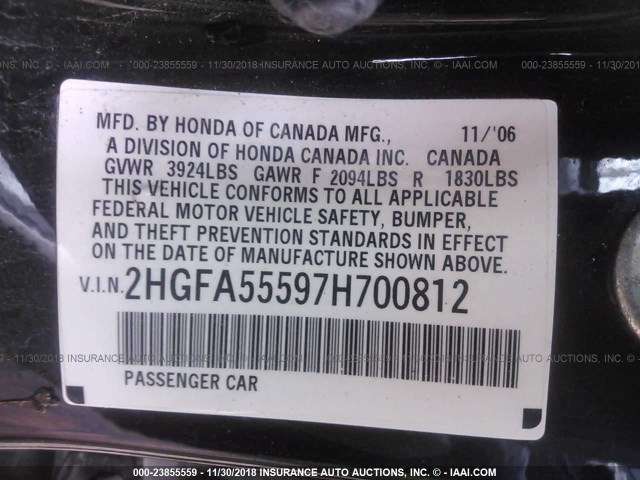 2HGFA55597H700812 - 2007 HONDA CIVIC SI BLACK photo 9