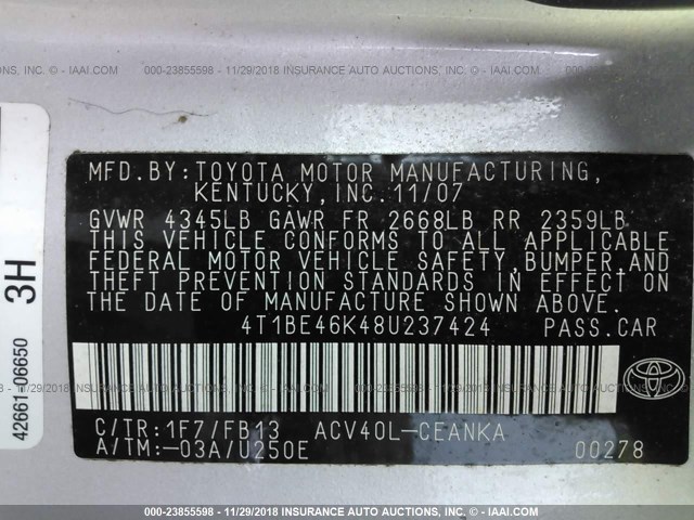 4T1BE46K48U237424 - 2008 TOYOTA CAMRY CE/LE/XLE/SE SILVER photo 9