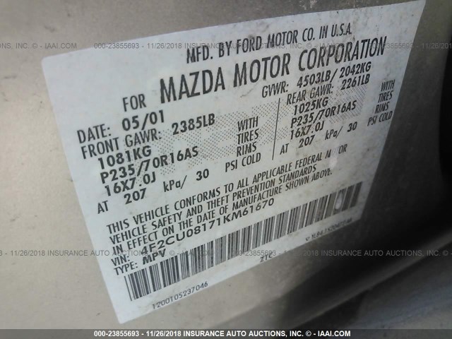 4F2CU08171KM61670 - 2001 MAZDA TRIBUTE LX/ES GOLD photo 9