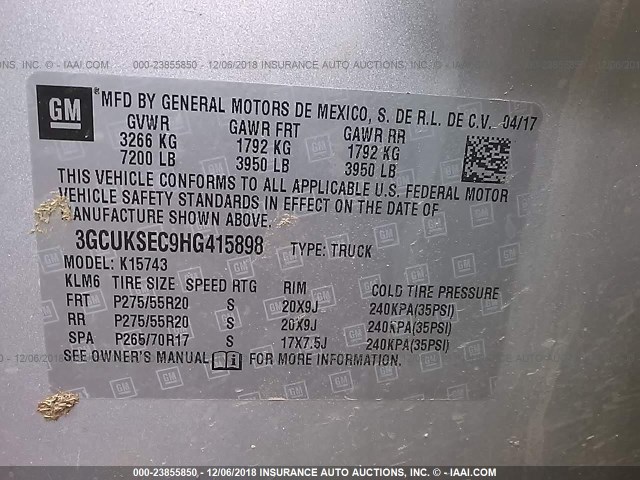 3GCUKSEC9HG415898 - 2017 CHEVROLET SILVERADO K1500 LTZ SILVER photo 9