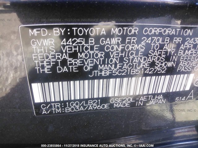 JTHBF5C21B5142752 - 2011 LEXUS IS 250 GRAY photo 9