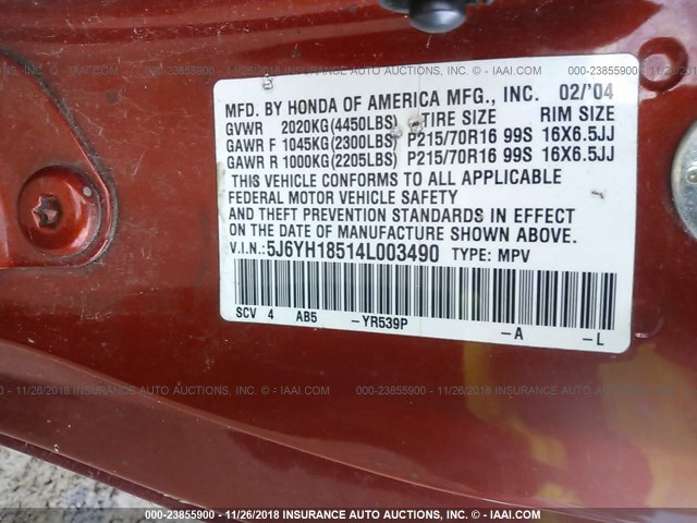 5J6YH18514L003490 - 2004 HONDA ELEMENT EX ORANGE photo 9