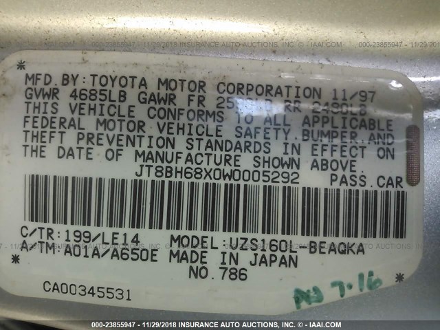 JT8BH68X0W0005292 - 1998 LEXUS GS 400 SILVER photo 9