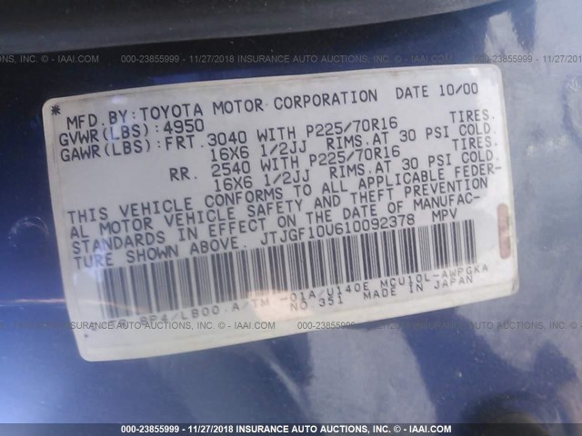 JTJGF10U610092378 - 2001 LEXUS RX 300 BLUE photo 9