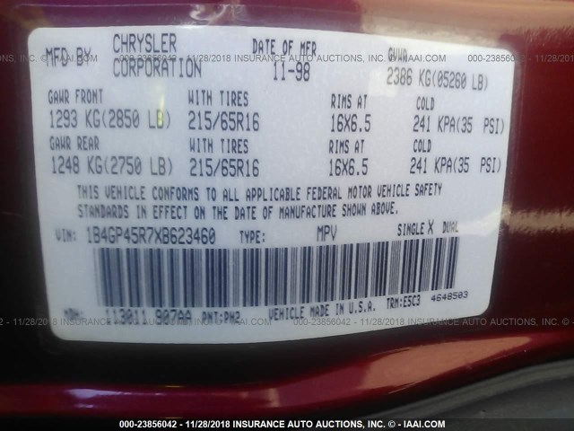 1B4GP45R7XB623460 - 1999 DODGE CARAVAN SE/SPORT MAROON photo 9