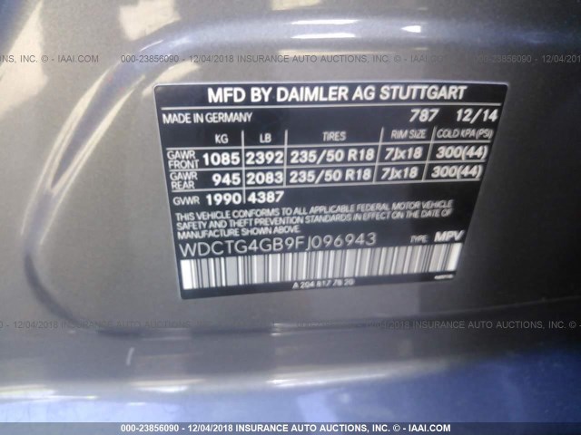 WDCTG4GB9FJ096943 - 2015 MERCEDES-BENZ GLA 250 4MATIC GRAY photo 9