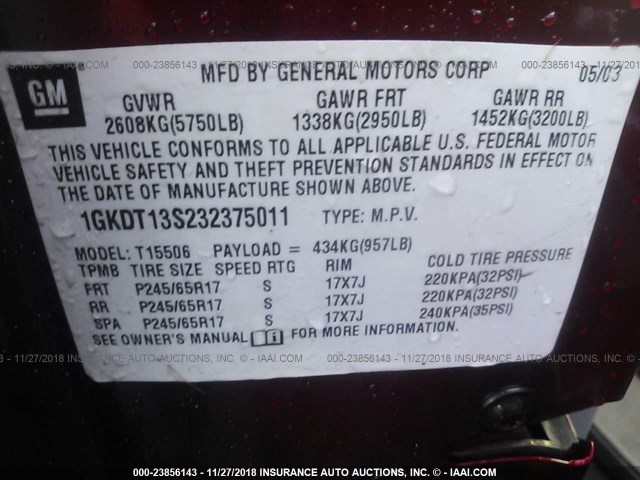 1GKDT13S232375011 - 2003 GMC ENVOY RED photo 9