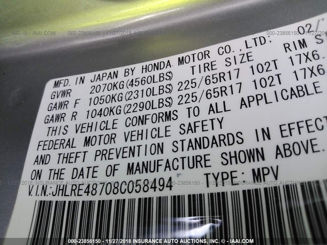 JHLRE48708C058494 - 2008 HONDA CR-V EXL SILVER photo 9