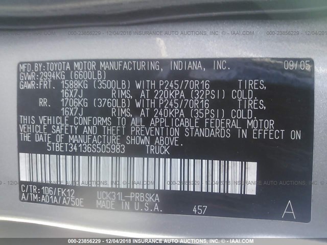 5TBET34136S505983 - 2006 TOYOTA TUNDRA DOUBLE CAB SR5 GRAY photo 9