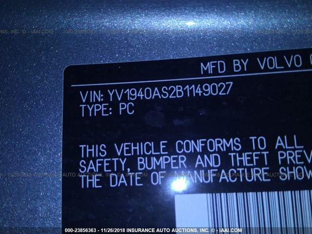 YV1940AS2B1149027 - 2011 VOLVO S80 3.2 GRAY photo 9