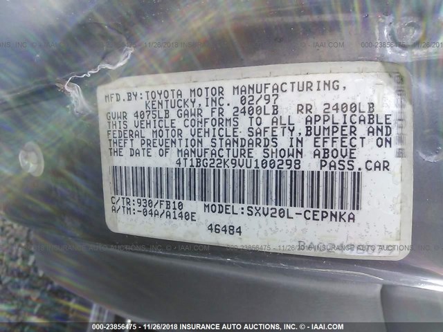 4T1BG22K9VU100298 - 1997 TOYOTA CAMRY CE/LE/XLE GRAY photo 9