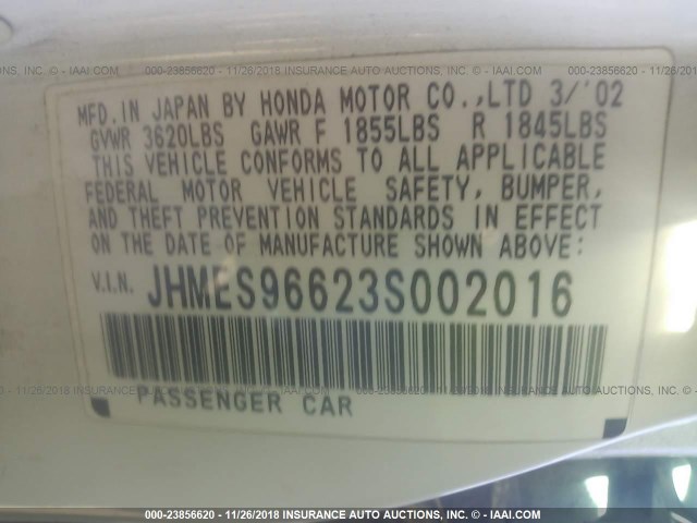 JHMES96623S002016 - 2003 HONDA CIVIC HYBRID WHITE photo 9