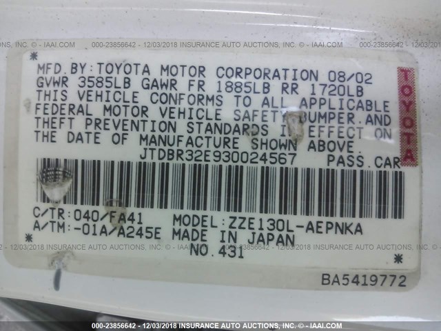 JTDBR32E930024567 - 2003 TOYOTA COROLLA CE/LE WHITE photo 9